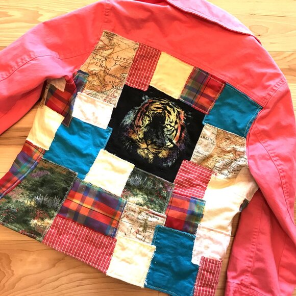 Upcycled Patchwork Jacket, Small: Handcrafted Boho Tattered Tiger Patch Blazer - Picture 7 of 8